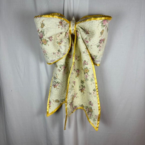 Floral Quilted Bow Door Hanger Wall Decor Yellow Trim Large Fabric Accent - Picture 2 of 9